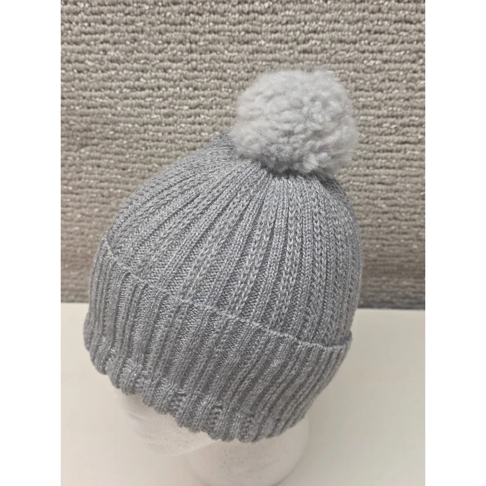 Gray Ribbed Knit Beanie Hat with Faux Fur Pom‎ Pom Adult One Size Winter Cap